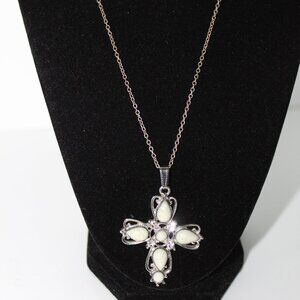 Silver Tone Chain Necklace 17" With Cream Cross Pendant With Rhinestones